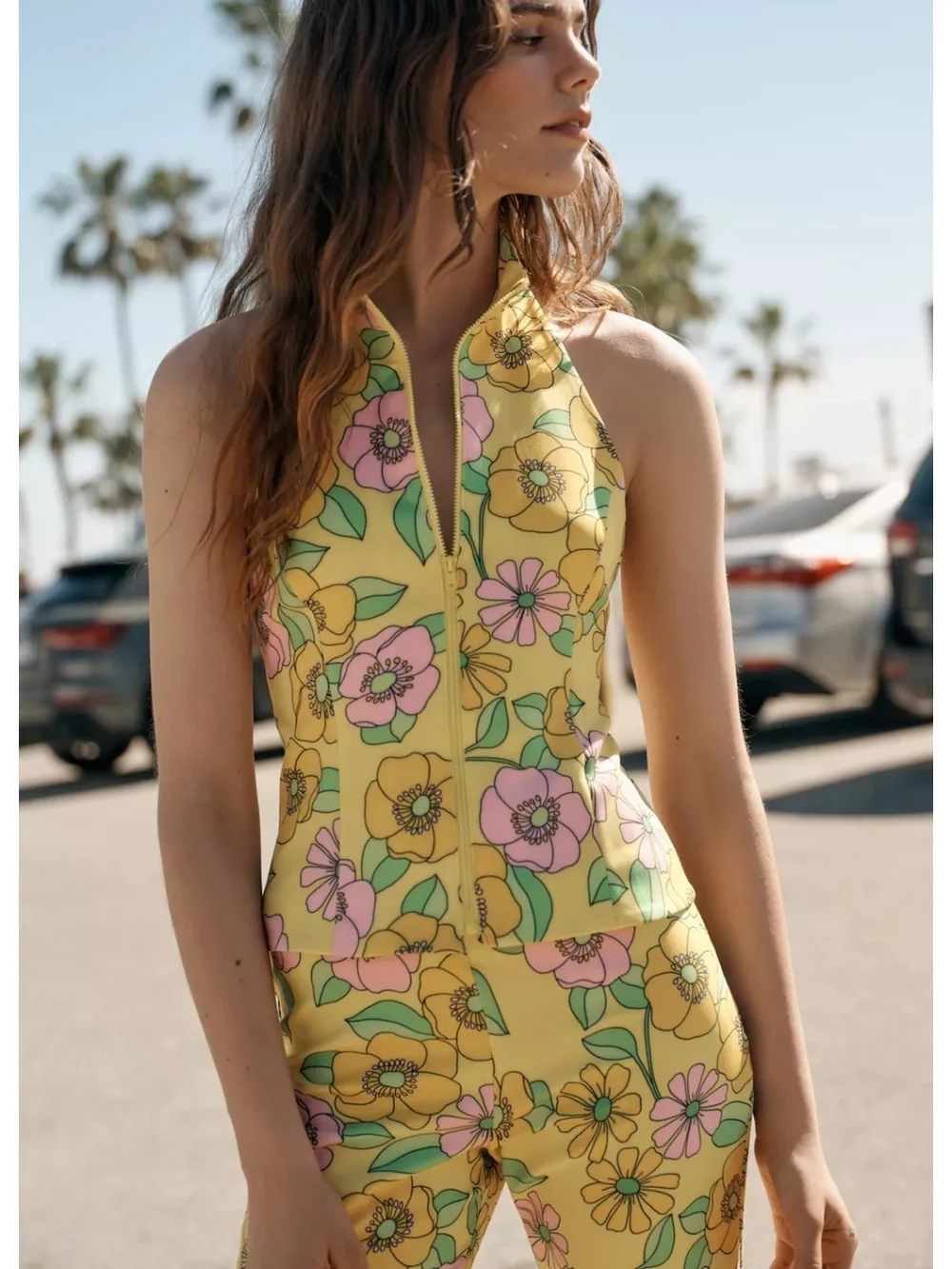 Zara Yellow Floral Halter Top And Capri Pants Set. Brand New With Tag